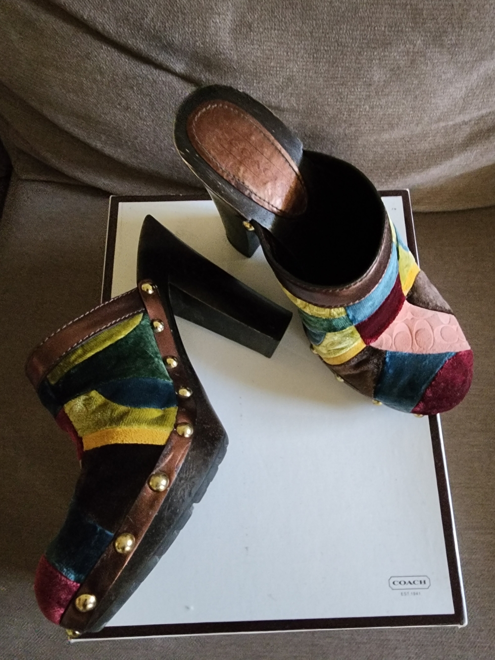 Pre-loved Coach Multicolor Patchwork Velvet Studded Mules - Picture 10 of 11